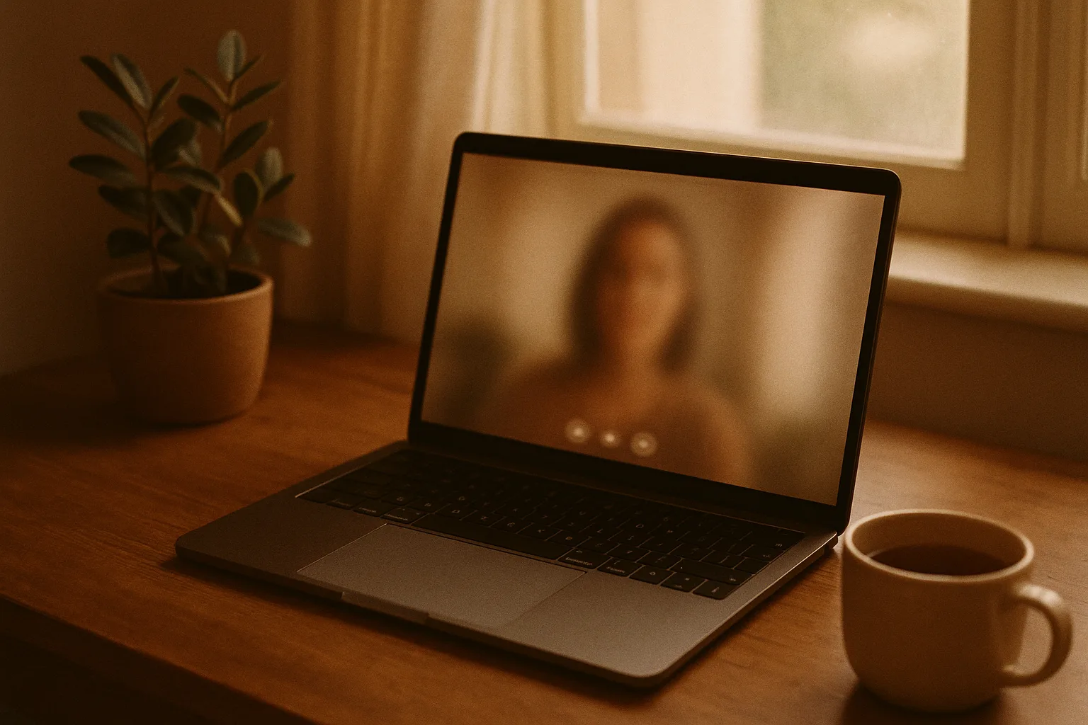 Um laptop com uma videochamada de consulta, num ambiente acolhedor de luz quente, com planta e uma xícara ao lado